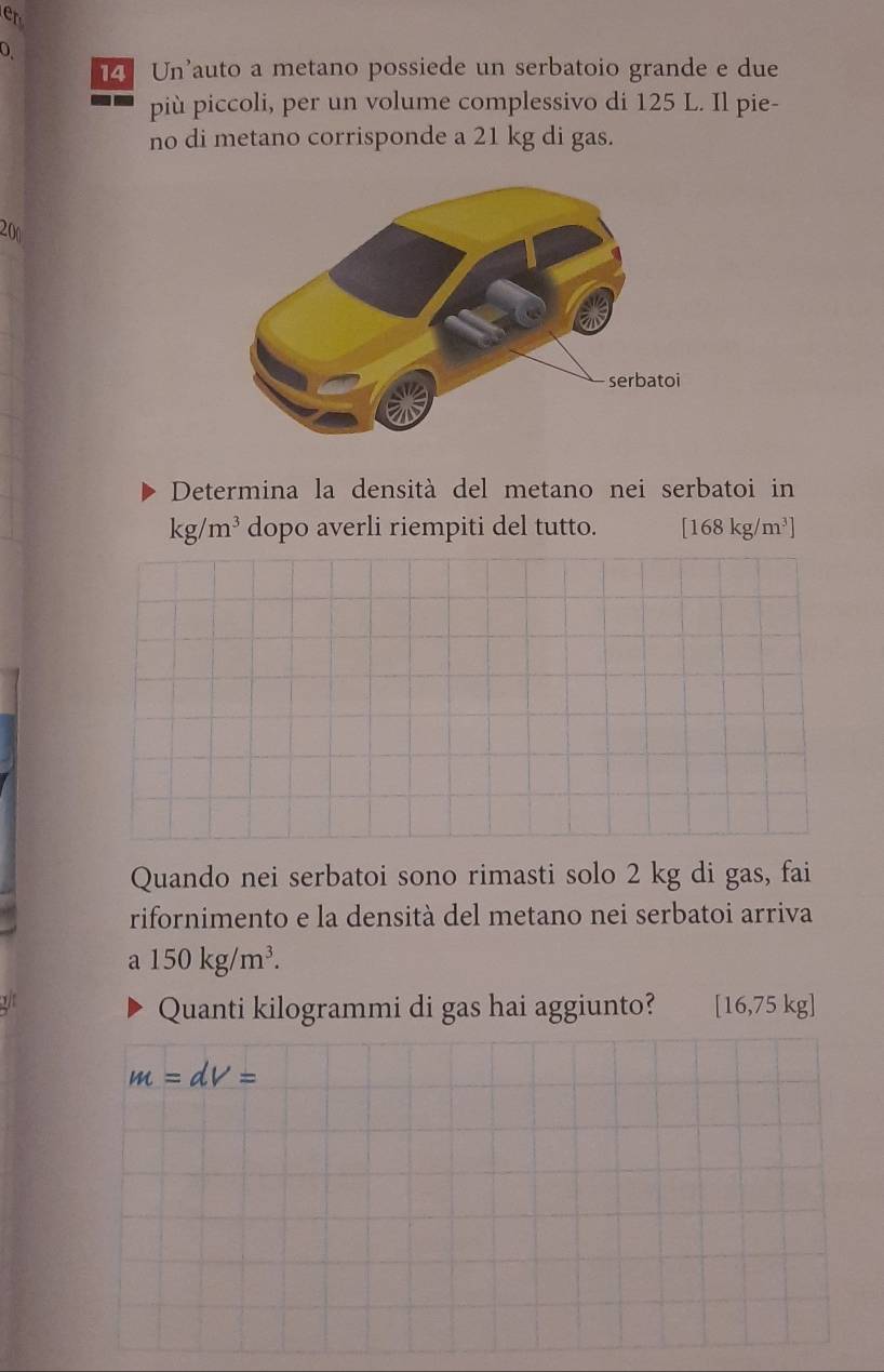 er 
0 
Un'auto a metano possiede un serbatoio grande e due 
più piccoli, per un volume complessivo di 125 L. Il pie- 
no di metano corrisponde a 21 kg di gas.
200
Determina la densità del metano nei serbatoi in
kg/m^3 dopo averli riempiti del tutto. [168kg/m^3]
Quando nei serbatoi sono rimasti solo 2 kg di gas, fai 
rifornimento e la densità del metano nei serbatoi arriva
a150kg/m^3. 
Quanti kilogrammi di gas hai aggiunto? [16,75 kg]
m=dv=