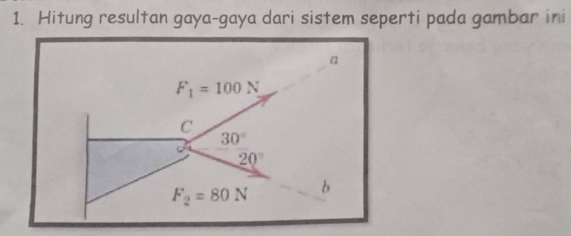 Hitung resultan gaya-gaya dari sistem seperti pada gambar ini 
a
F_1=100N
C
30°
20°
F_2=80N