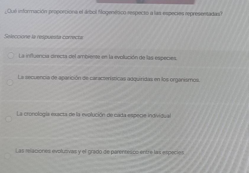 ¿Qué información proporciona el árbol filogenético respecto a las especies representadas?
Seleccione la respuesta correcta:
La influencia directa del ambiente en la evolución de las especies.
La secuencia de aparición de características adquiridas en los organismos.
La cronología exacta de la evolución de cada especie individual
Las relaciones evolutivas y el grado de parentesco entre las especies