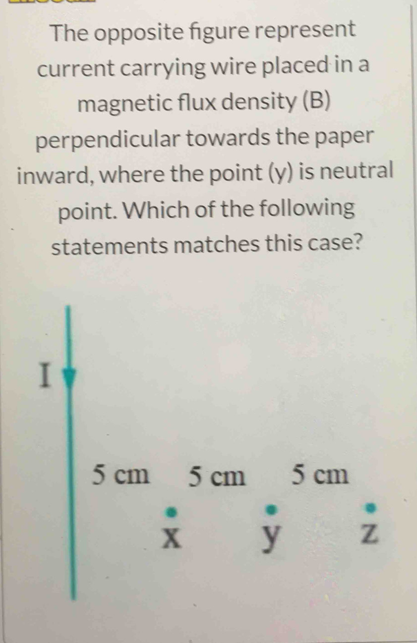 The opposite figure represent 
current carrying wire placed in a 
magnetic flux density (B) 
perpendicular towards the paper 
inward, where the point (y) is neutral 
point. Which of the following 
statements matches this case?