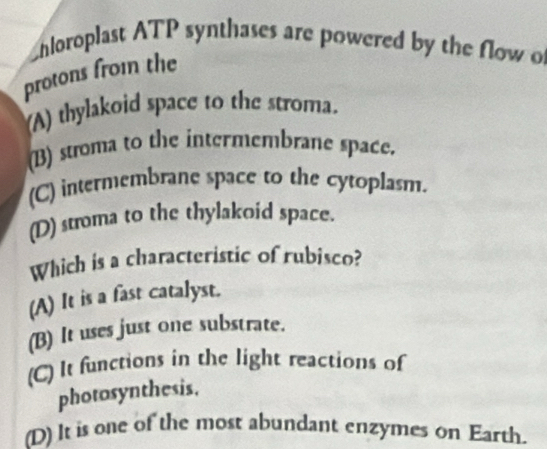 chloroplast ATP synthases are powered by the flow o
protons from the
(A) thylakoid space to the stroma.
(B) stroma to the intermembrane space.
(C) intermembrane space to the cytoplasm.
(D) stroma to the thylakoid space.
Which is a characteristic of rubisco?
(A) It is a fast catalyst.
(B) It uses just one substrate.
(C) It functions in the light reactions of
photosynthesis.
(D) It is one of the most abundant enzymes on Earth.