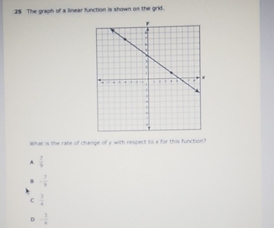 The graph of a linear function is shown on the grid.
What is the rate of change of y with respect to x for this function?
A  7/9 
a - 7/9 
C  3/4 
D - 3/4 