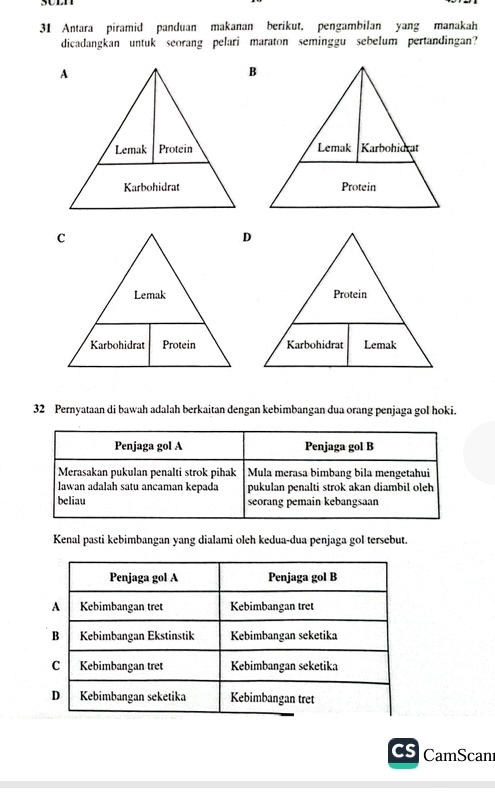 Antara piramid panduan makanan berikut, pengambilan yang manakah 
dicadangkan untuk seorang pelari maraton seminggu sebelum pertandingan? 

32 Pernyataan di bawah adalah berkaitan dengan kebimbangan dua orang penjaga gol hoki. 
Kenal pasti kebimbangan yang dialami oleh kedua-dua penjaga gol tersebut. 
CS CamScan