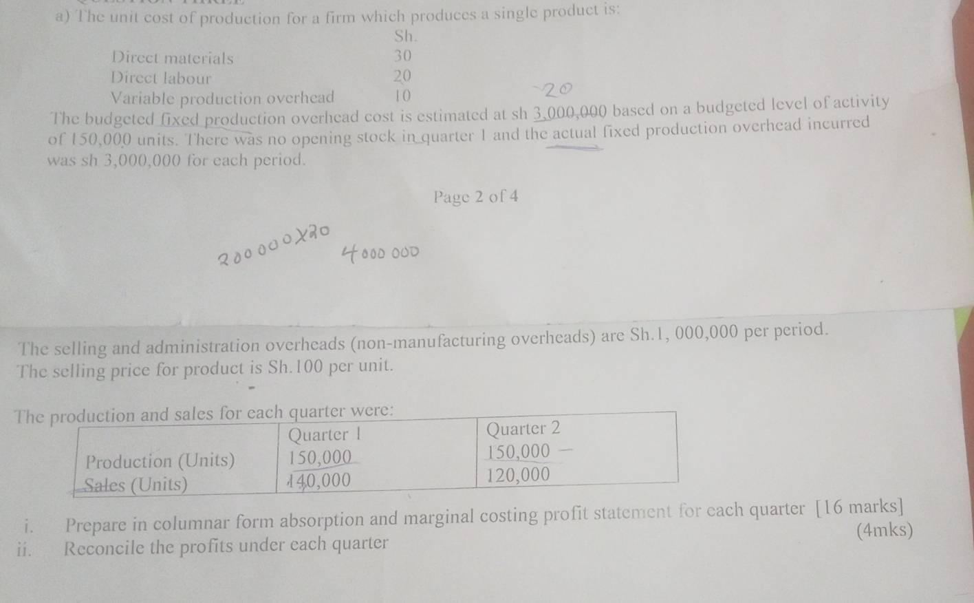 The unit cost of production for a firm which produces a single product is: 
Sh. 
Direct materials 30
Direct labour 20
Variable production overhead 1 0 
The budgeted fixed production overhead cost is estimated at sh 3,000,000 based on a budgeted level of activity 
of 150,000 units. There was no opening stock in quarter 1 and the actual fixed production overhead incurred 
was sh 3,000,000 for each period. 
Page 2 of 4 
The selling and administration overheads (non-manufacturing overheads) are Sh.1, 000,000 per period. 
The selling price for product is Sh.100 per unit. 
T 
i. Prepare in columnar form absorption and marginal costing profit statement for each quarter [16 marks] 
ii. Reconcile the profits under each quarter (4mks)