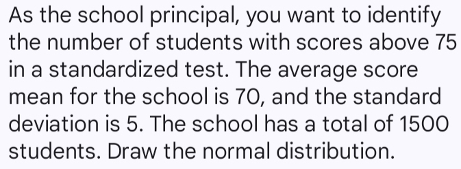 As the school principal, you want to identify 
the number of students with scores above 75
in a standardized test. The average score 
mean for the school is 70, and the standard 
deviation is 5. The school has a total of 1500
students. Draw the normal distribution.