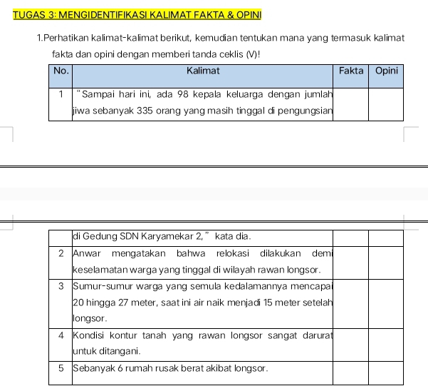 TUGAS 3: MENGIDENTIFIKASI KALIMAT FAKTA & OΡINI 
1.Perhatikan kalimat-kalimat berikut, kemudian tentukan mana yang termasuk kalimat 
fakta dan opini dengan memberi tanda ceklis (V)!