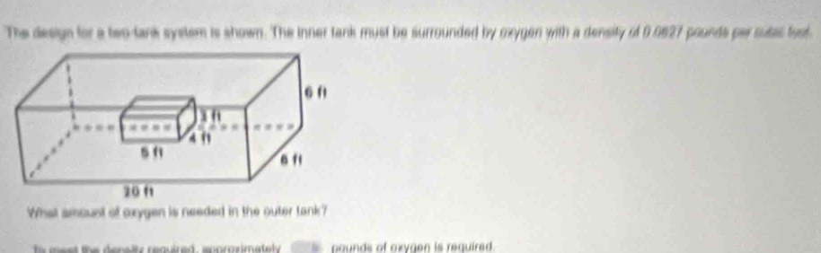 The design for a two-tank system is shown. The inner tank must be surrounded by oxygen with a density of 9.0827 pounds par sutas fust 
What smount of oxygen is needed in the outer tank? 
ie s e t th e d e nsity renuired , enorozimatel . pounds of oxvgen is required .