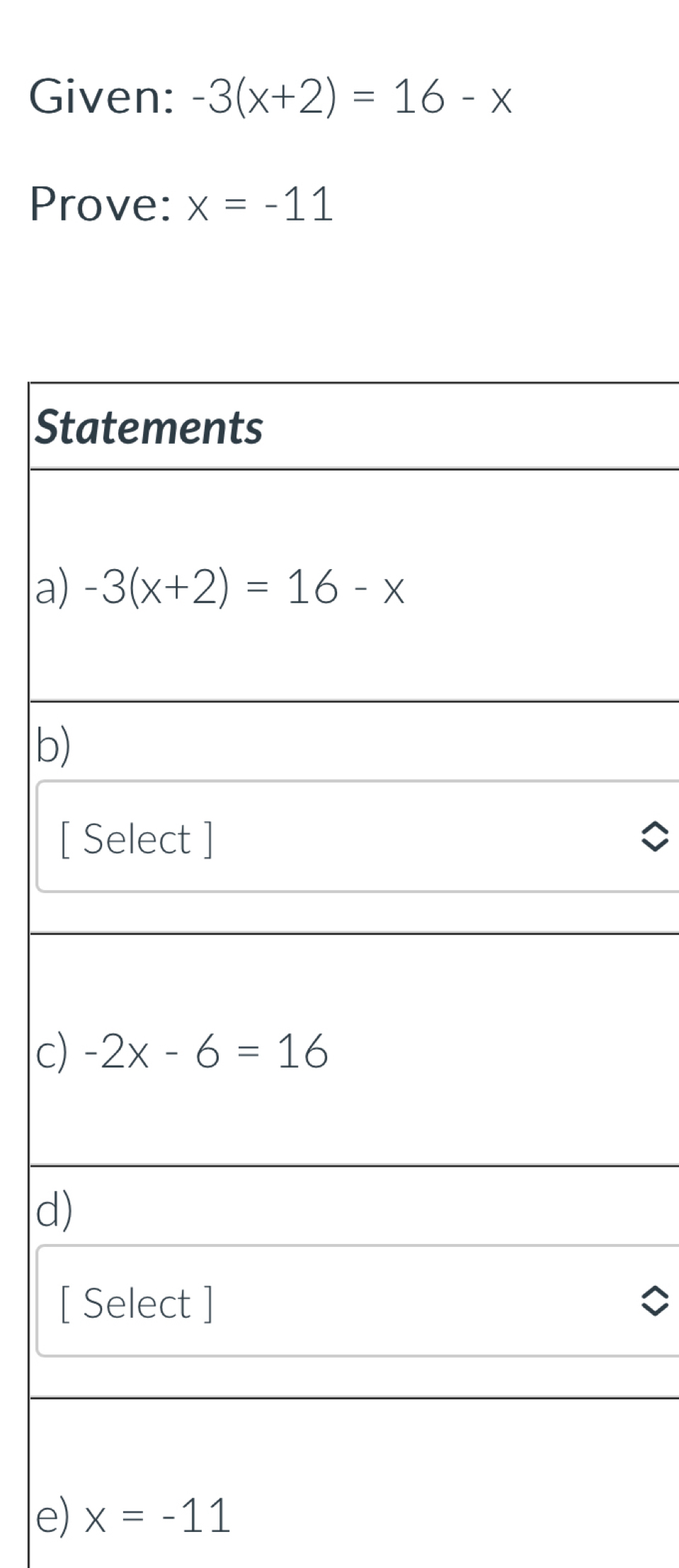 Given: -3(x+2)=16-x
Prove: x=-11
S
a)
b
[
c
d
[
e) x=-11