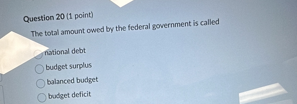 The total amount owed by the federal government is called
national debt
budget surplus
balanced budget
budget deficit