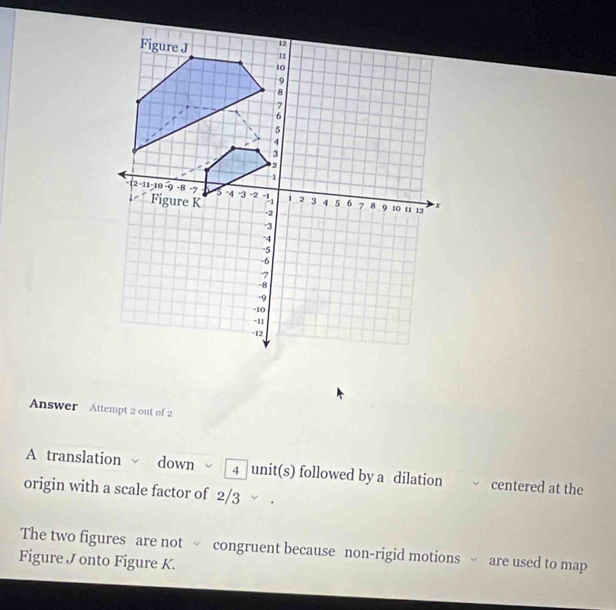 Answer Attempt 2 out of 2 
A translation down [ 4 unit(s) followed by a dilation centered at the 
origin with a scale factor of 2/3. 
The two figures are not √ congruent because non-rigid motions √ are used to map 
Figure J onto Figure K.