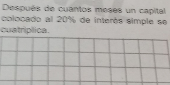 Después de cuantos meses un capital 
colocado al 20% de interés simple se 
cuatriplica.