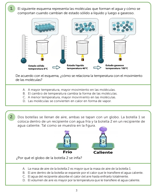 El siguiente esquema representa las moléculas que forman el agua y cómo se
comportan cuando cambian de estado sólido a líquido y luego a gaseoso.
De acuerdo con el esquema, ¿cómo se relaciona la temperatura con el movimiento
de las moléculas?
A. A mayor temperatura, mayor movimiento en las moléculas.
B. El cambio de temperatura cambia la forma de las moléculas.
C. A menor temperatura, mayor movimiento en las moléculas.
D. Las moléculas se convierten en calor en forma de vapor.
2.  Dos botellas se llenan de aire, ambas se tapan con un globo. La botella 1 se
coloca dentro de un recipiente con agua fría y la botella 2 en un recipiente de
agua caliente. Tal como se muestra en la figura.
2
Caliente
¿Por qué el globo de la botella 2 se infla?
A. La masa de aire de la botella 2 es mayor que la masa de aire de la botella 1.
B. El aire dentro de la botella se expande por el calor que le transfiere el agua caliente.
C. El agua del recipiente absorbe el calor del aire hasta enfriarlo totalmente.
D. El volumen de aire es mayor por la temperatura que le transfiere el agua caliente.
3