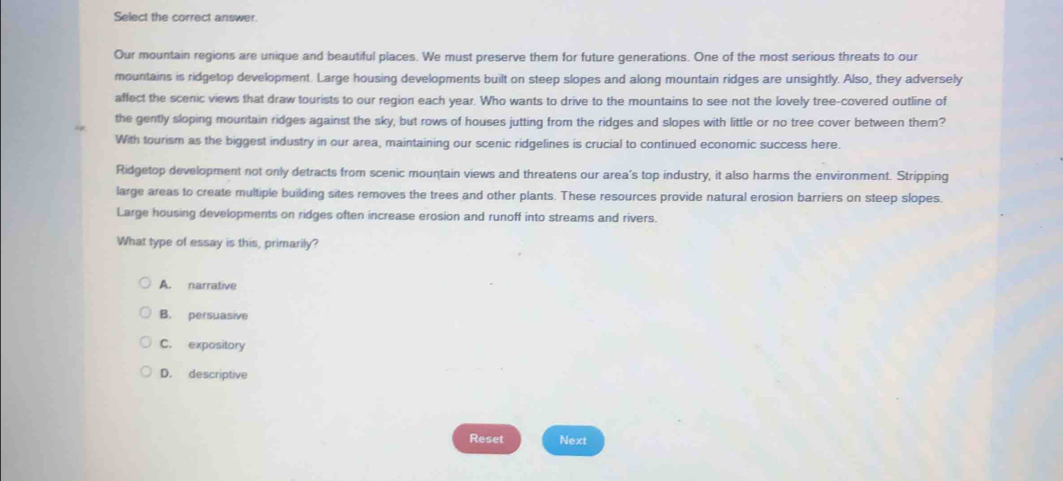 Solved: Select the correct answer. Our mountain regions are unique and ...