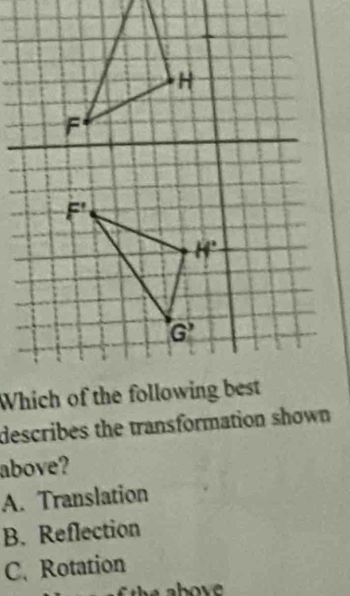 describes the transformation shown 
above?
A. Translation
B. Reflection
C. Rotation