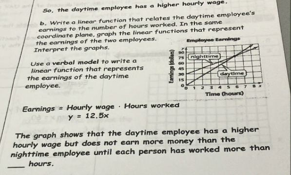 So, the daytime employee has a higher hourly wage. 
b. Write a linear function that relates the daytime employee's 
earnings to the number of hours worked, In the same 
coordinate plane, graph the linear functions that represent 
the earnings of the two employees. 
Interpret the graphs. 
Use a verbal model to write a 
linear function that represents 
the earnings of the daytime 
employee.
Earnings = Hourly wage · Hours worked
y=12.5x
The graph shows that the daytime employee has a higher 
hourly wage but does not earn more money than the 
nighttime employee until each person has worked more than 
_ hours.