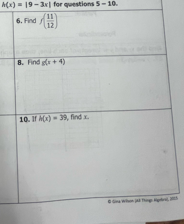 h(x)=|9-3x| for questions 5-10.
015