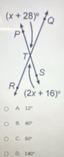 A. 12°
B. 40°
C. 50°
D. 140°