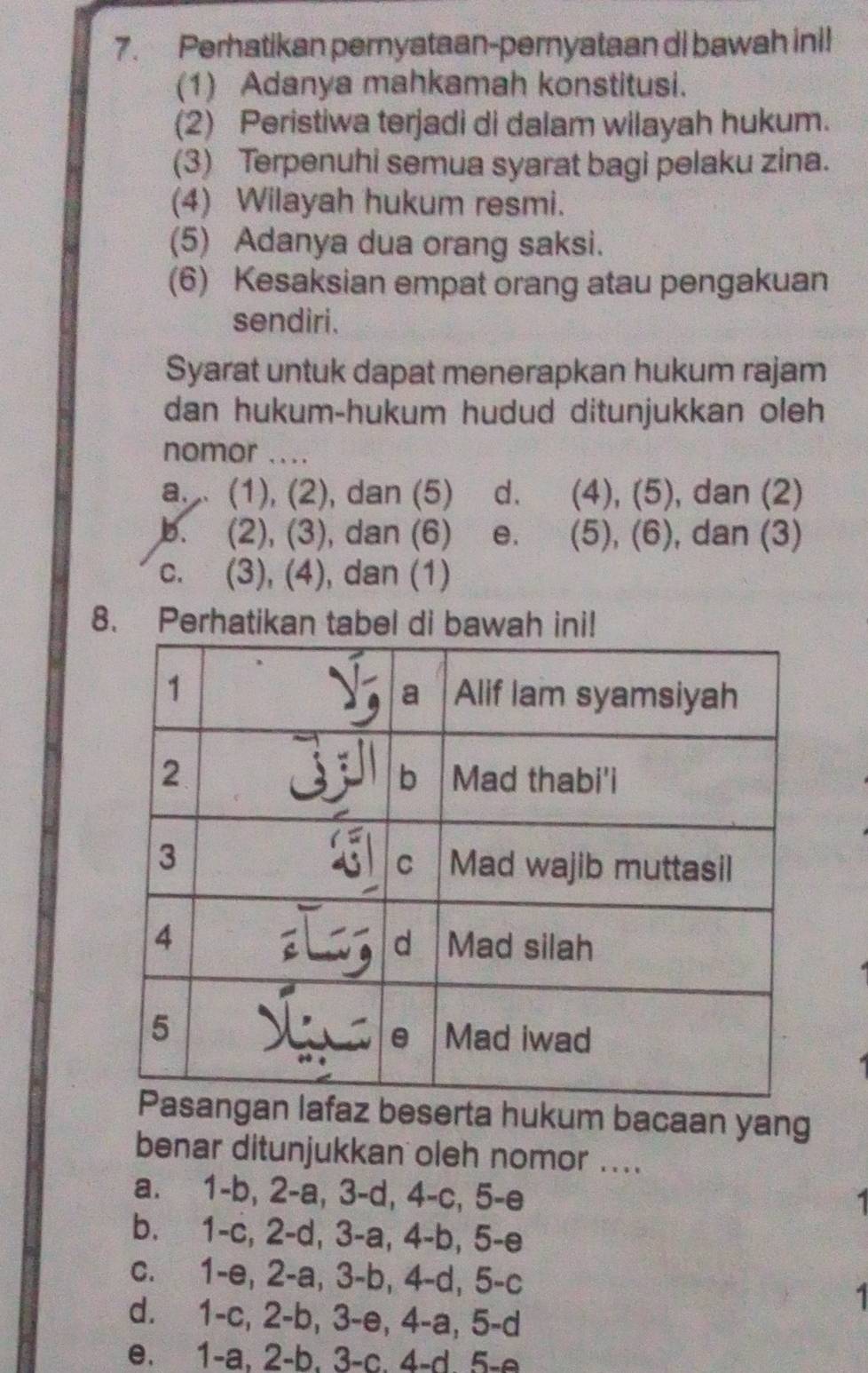 Perhatikan pernyataan-pernyataan di bawah ini!
(1) Adanya mahkamah konstitusi.
(2) Peristiwa terjadi di dalam wilayah hukum.
(3) Terpenuhi semua syarat bagi pelaku zina.
(4) Wilayah hukum resmi.
(5) Adanya dua orang saksi.
(6) Kesaksian empat orang atau pengakuan
sendiri.
Syarat untuk dapat menerapkan hukum rajam
dan hukum-hukum hudud ditunjukkan oleh
nomor ....
a. (1), (2), dan (5) d. (4), (5), dan (2)
b. (2), (3), dan (6) e. (5), (6), dan (3)
c. (3), (4), dan (1)
8. Perhatikan tabel di bawah ini!
lafaz beserta hukum bacaan yang
benar ditunjukkan oleh nomor ....
a. 1 -b, 2-a, 3-d, 4-c, 5-e
b. 1-c, 2-d, 3-a, 4-b, 5-e
c. 1-e, 2-a, 3-b, 4-d, 5-c
1
d. 1-c, 2-b, 3-e, 4-a, 5-d
e. 1 -a. 2 -b. 3 -c. 4 -d 5-e