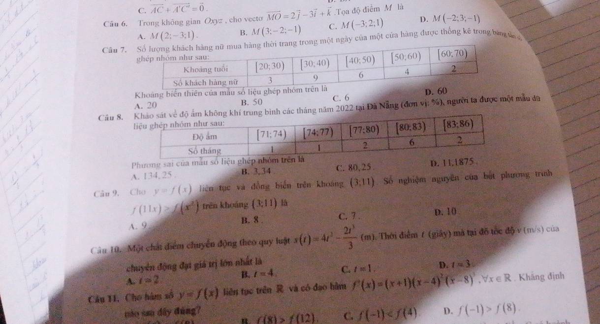 C. vector AC+vector A'C'=vector 0.
Cầu 6. Trong không gian Oxyz , cho vecto vector MO=2vector j-3vector i+vector k Tọa độ điểm M là
A. M(2;-3;1). B. M(3;-2;-1) C. M(-3;2;1) D. M(-2;3;-1)
Câu 7. một ngày của một cửa hàng được thống kê trong bang tản 
Khoảng biển thiên của mẫu số
A. 20 B. 50 C. 6 
Câu 8. tháng năm 2022 tại Đà Nẵng (đơn vị: %), người ta được một mẫu dữ
Phương sai của mẫu số li
A. 134, 25 . B. 3,34 C. 80, 25 . D. 11.18
Câu 9. Cho y=f(x) liên tục và đồng biến trên khoảng (3:11) Số nghiệm nguyên của bật phương trình
f(11x)>f(x^2) trên khoáng (3,11) là
B. 8 . C. 7 . D. 10
A. 9
Câu 10. Một chấi điểm chuyển động theo quy luật s(t)=4t^3- 2t^3/3 (m). Thời điểm / (giảy) mà tại đổ tốc độ v (m/s) của
chuyên động đạt giả trị lớn nhất là
A t=2
B. r=4 C. t=1. D. t=3
Câu HI, Cho hàm số y=f(x) tiên tục trên R và có đạo hàm f'(x)=(x+1)(x-4)^2(x-8)^3,forall x∈ R. Khăng định
táo sao dây đúng? D. f(-1)>f(8).
f(8)>f(12) C. f(-1)