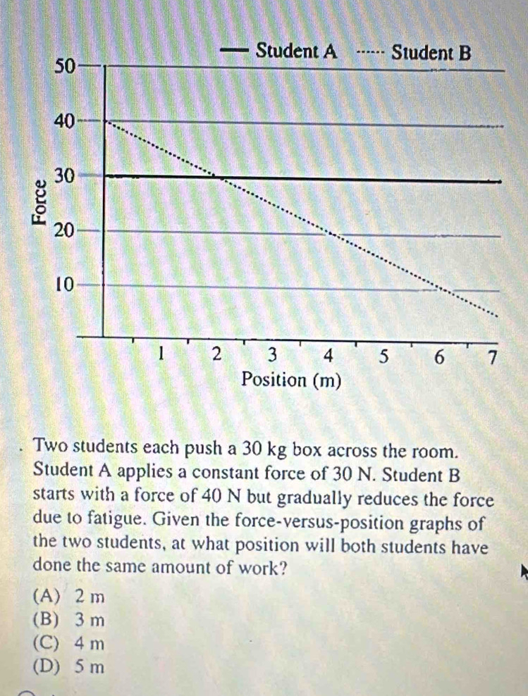 Two students each push a 30 kg box across the room.
Student A applies a constant force of 30 N. Student B
starts with a force of 40 N but gradually reduces the force
due to fatigue. Given the force-versus-position graphs of
the two students, at what position will both students have
done the same amount of work?
(A) 2m
(B) 3 m
(C) 4 m
(D) 5 m