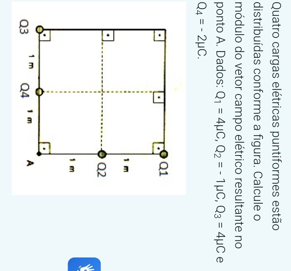 Quatro cargas elétricas puntiformes estão 
distribuídas conforme a figura. Calcule o 
módulo do vetor campo elétrico resultante no 
ponto A. Dados: Q_1=4mu C, Q_2=-1mu C, Q_3=4mu C e
Q_4=-2mu C. 
a