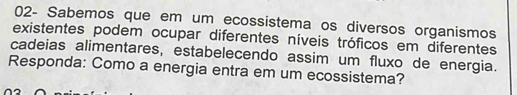 02- Sabemos que em um ecossistema os diversos organismos 
existentes podem ocupar diferentes níveis tróficos em diferentes 
cadeias alimentares, estabelecendo assim um fluxo de energia. 
Responda: Como a energia entra em um ecossistema?