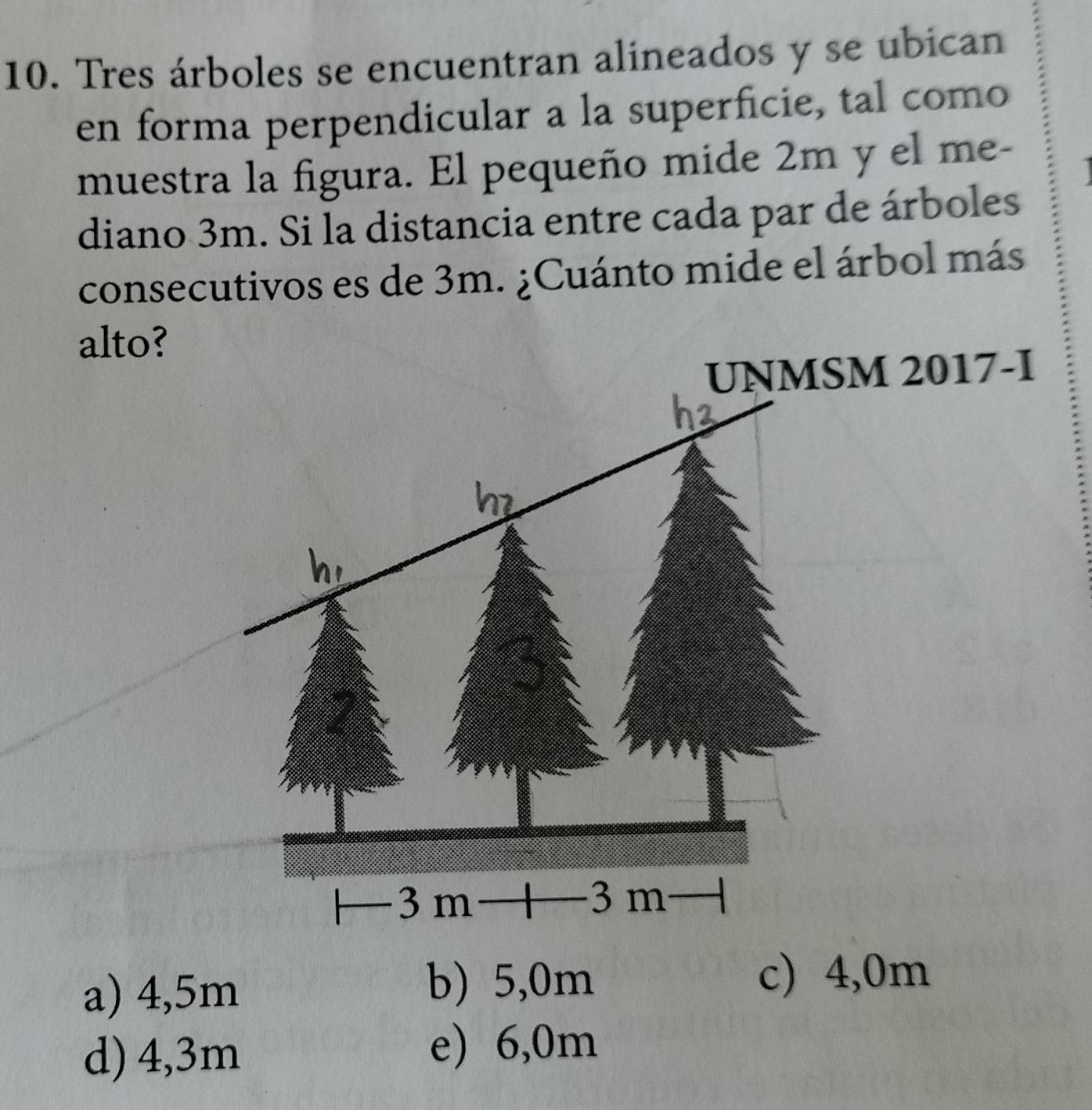 Tres árboles se encuentran alineados y se ubican
en forma perpendicular a la superficie, tal como
muestra la figura. El pequeño mide 2m y el me-
diano 3m. Si la distancia entre cada par de árboles
consecutivos es de 3m. ¿Cuánto mide el árbol más
alto?
UNMSM 2017-I
a) 4,5m
b) 5,0m c) 4,0m
d) 4,3m
e) 6,0m