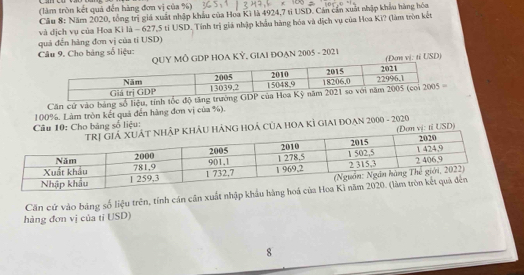 (làm tròn kết quả đến hàng đơn vị của %)
Cầu 8: Năm 2020, tổng trị giả xuất nhập khẩu của Hoa Kì là 4924,7 tỉ USD. Cán cần xuất nhập khẩu hàng hóa
và địch vụ của Hoa Kỉ là - 627,5 tỉ USD. Tính trị giá nhập khẩu hàng hóa và dịch vụ của Hea Ki? (làm tròn kết
quả đến hàng đơn vị của tỉ USD)
Câu 9. Cho bảng số liệu: UY MÔ GDP HOA KỲ. GIAI ĐOAN 2005 - 2021
(Đơn vị: tỉ USD)
Cân cử vào bảng số liệu, tính t
100%. Làm tròn kết quả đến hàng đơn vị của %).
Câu 10: Cho bảng số liệu:
U HẢNG HOÁ CủA HOA KÌ GIAI ĐOAN 2000 - 2020
Đơn vị: tỉ USD)
Căn cử vào bảng số liệu trên, tính cán cần xuất nhập khẩu h
hàng đơn vị của tỉ USD)
8