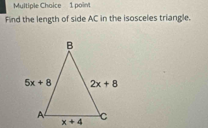 Find the length of side AC in the isosceles triangle.