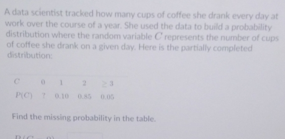 A data scientist tracked how many cups of coffee she drank every day at
work over the course of a year. She used the data to build a probability
distribution where the random variable C represents the number of cups
of coffee she drank on a given day. Here is the partially completed
distribution:
Find the missing probability in the table.
∠ 1 (0)