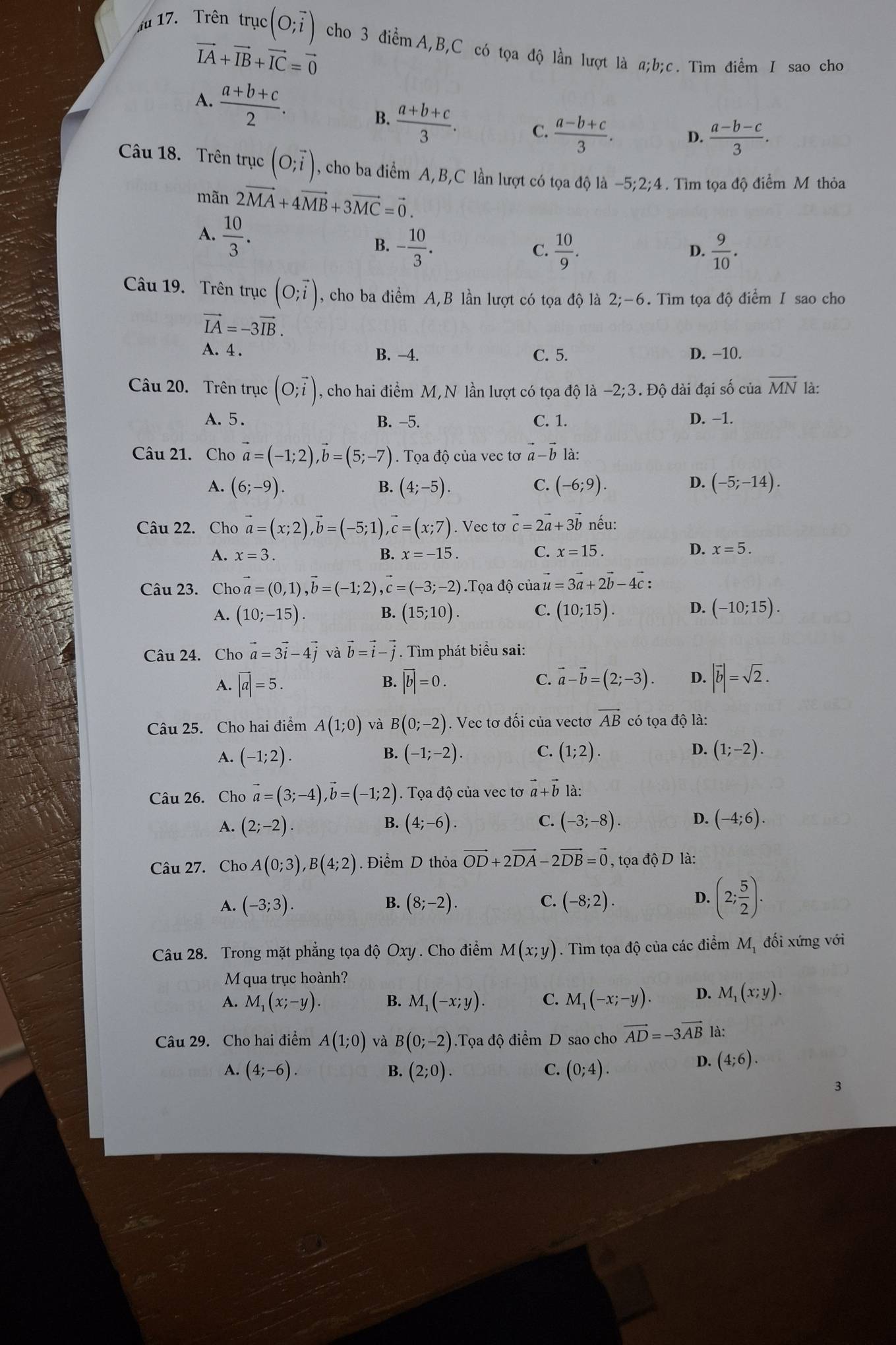 fu 17. Trên trục :(0;vector i) cho 3 điểm A,B,C có tọa độ lần lượt là a;b;c. Tìm điểm I sao cho
vector IA+vector IB+vector IC=vector 0
B.  (a+b+c)/3 .
A.  (a+b+c)/2 . D.  (a-b-c)/3 .
C.  (a-b+c)/3 .
Câu 18. Trên trục (O;vector i) , cho ba điểm A,B,C lần lượt có tọa độ là -5;2;4 . .  Tìm tọa độ điểm M thỏa
mãn 2vector MA+4vector MB+3vector MC=vector 0.
A.  10/3 .
B. - 10/3 .  10/9 .  9/10 .
C.
D.
Câu 19. Trên trục (O;vector i) , cho ba điểm A,B lần lượt có tọa độ là 2;-6 Tìm tọa độ điểm I sao cho
vector IA=-3vector IB.
A. 4 . B. −4. C. 5. D. -10.
Câu 20. Trên trục (O;vector i) , cho hai điểm M,N lần lượt có tọa độ là -2;3. Độ dài đại số của vector MN là:
A. 5. B. -5. C. 1. D. −1.
Câu 21. Cho vector a=(-1;2),vector b=(5;-7).  Tọa độ của vec tơ vector a-vector b là:
A. (6;-9). B. (4;-5). C. (-6;9). D. (-5;-14).
Câu 22. Cho vector a=(x;2),vector b=(-5;1),vector c=(x;7). Vec tơ vector c=2vector a+3vector b nếu:
A. x=3. B. x=-15. C. x=15.
D. x=5.
Câu 23.  chovector a=(0,1),vector b=(-1;2),vector c=(-3;-2) Tọa độ của vector u=3vector a+2vector b-4vector c
A. (10;-15). B. (15;10). C. (10;15). D. (-10;15).
Câu 24. Cho vector a=3vector i-4vector j và vector b=vector i-vector j. Tìm phát biểu sai:
A. vector |a|=5. B. vector |b|=0. C. vector a-vector b=(2;-3). D. |vector b|=sqrt(2).
Câu 25. Cho hai điểm A(1;0) và B(0;-2). Vec tơ đối của vectơ vector AB có tọa độ là:
A. (-1;2). (-1;-2). (1;2). (1;-2).
B.
C.
D.
Câu 26. Cho vector a=(3;-4),vector b=(-1;2). Tọa độ của vec tơ vector a+vector b là:
A. (2;-2). B. (4;-6). C. (-3;-8). D. (-4;6).
Câu 27. Cho A(0;3),B(4;2) Điểm D thỏa vector OD+2vector DA-2vector DB=vector 0 , ta độ D là:
B.
C.
A. (-3;3). (8;-2). (-8;2).
D. (2; 5/2 ).
Câu 28. Trong mặt phẳng tọa độ Oxy . Cho điểm M(x;y). Tìm tọa độ của các điểm M, đối xứng với
M qua trục hoành?
A. M_1(x;-y). B. M_1(-x;y). C. M_1(-x;-y). D. M_1(x;y).
Câu 29. Cho hai điểm A(1;0) và B(0;-2).Toad điểm D sao cho vector AD=-3vector AB là:
A. (4;-6). B. (2;0). C. (0;4).
D. (4;6).
3