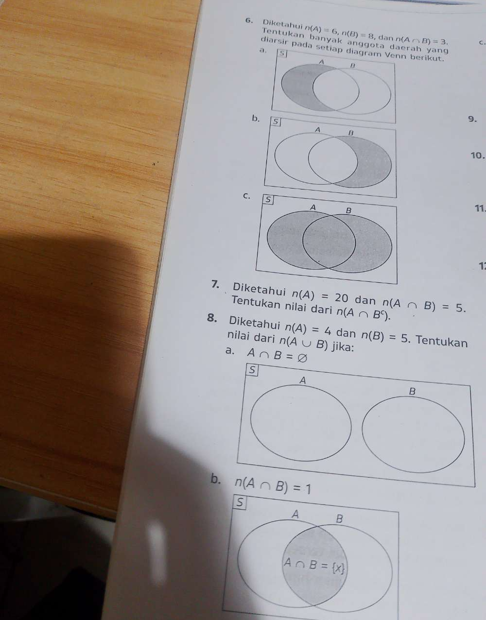 Diketahui  Tentukan banyak anggota d n(A∩ B)=3.
n(A)=6,n(B)=8 ,dan
c.
diarsir pada s berikut.
a,
9.
b. 
10.
C.
11.
1:
7. Dietahui n(A)=20 dan n(A∩ B)=5.
Tentukan nilai dari n(A∩ B^c).
8. Diketahui n(A)=4 dan n(B)=5. Tentukan
nilai dari n(A∪ B) jika:
a. A∩ B=varnothing
b