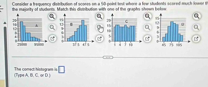 Consider a frequency distribution of scores on a 50 -point test where a few students scored much lower th 
the majority of students. Match this distribution with one of the graphs shown below. 

The correct histogram is □ 
(Type A, B, C, or D.)