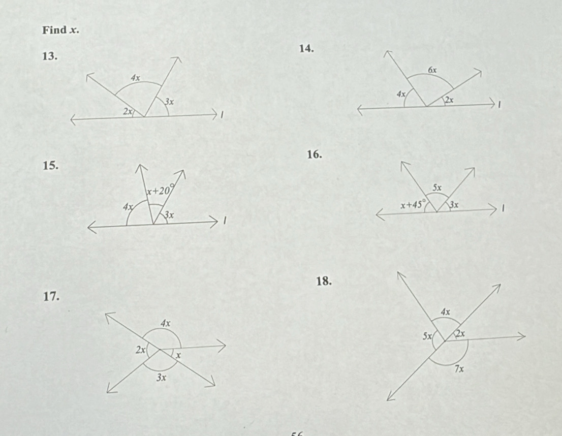 Find x.
13.
14.
16.
15.
18.
17.
