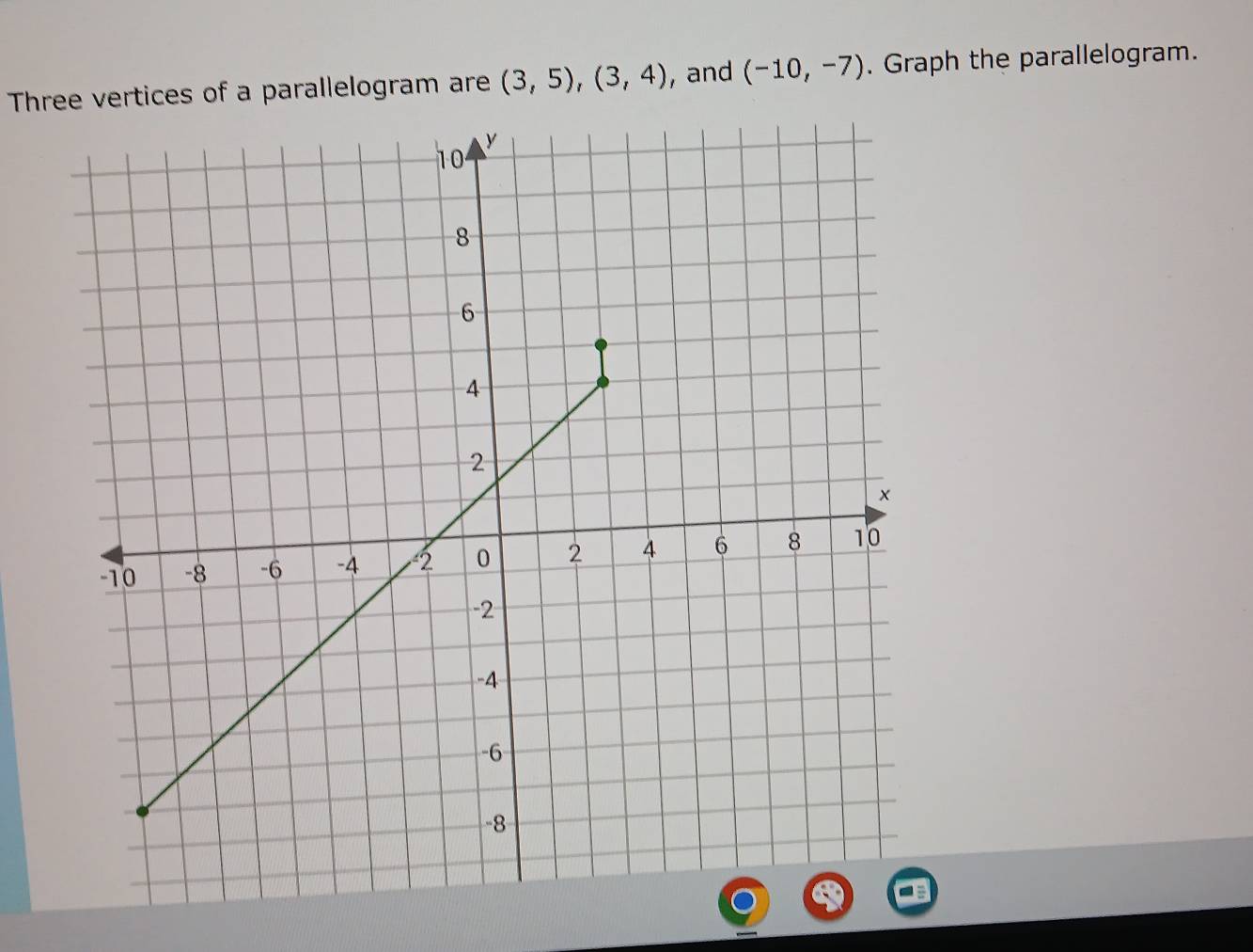 Three vertices of a parallelogram are (3,5), (3,4) , and (-10,-7). Graph the parallelogram.