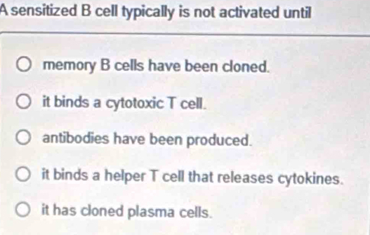 A sensitized B cell typically is not activated until
memory B cells have been cloned.
it binds a cytotoxic T cell.
antibodies have been produced.
it binds a helper T cell that releases cytokines.
it has cloned plasma cells.