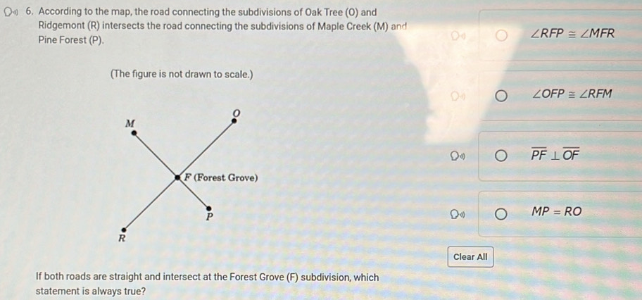 According to the map, the road connecting the subdivisions of Oak Tree (O) and
Ridgemont (R) intersects the road connecting the subdivisions of Maple Creek (M) and
∠ RFP≌ ∠ MFR
Pine Forest (P).
(The figure is not drawn to scale.)
∠ OFP≌ ∠ RFM
overline PF⊥ overline OF
MP=RO
Clear All
If both roads are straight and intersect at the Forest Grove (F) subdivision, which
statement is always true?