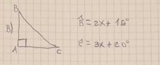 widehat B=2x+15°
widehat c=3x+20°