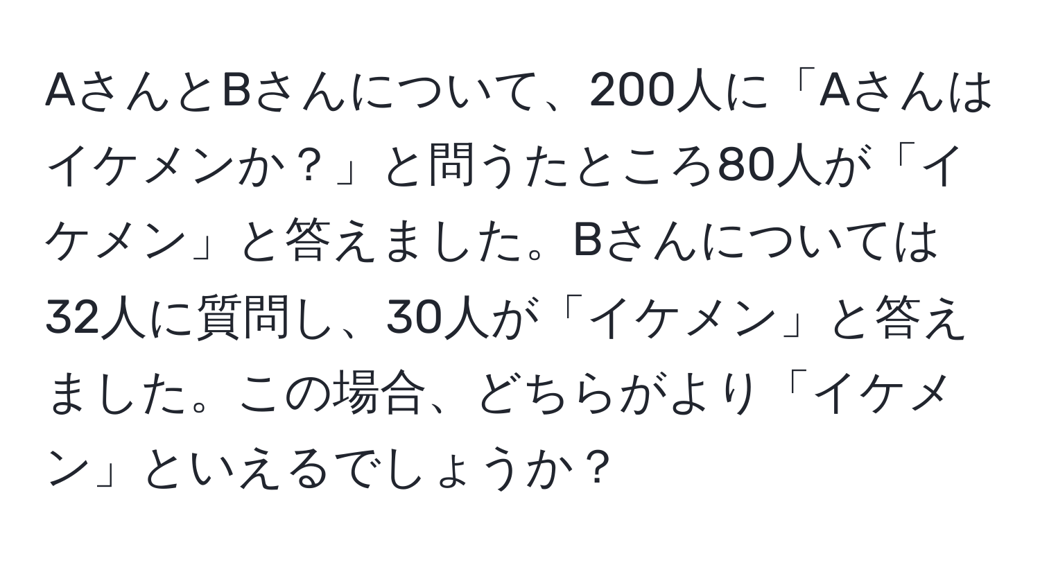 AさんとBさんについて、200人に「Aさんはイケメンか？」と問うたところ80人が「イケメン」と答えました。Bさんについては32人に質問し、30人が「イケメン」と答えました。この場合、どちらがより「イケメン」といえるでしょうか？