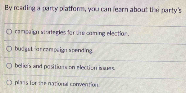 By reading a party platform, you can learn about the party's
campaign strategies for the coming election.
budget for campaign spending.
beliefs and positions on election issues.
plans for the national convention.