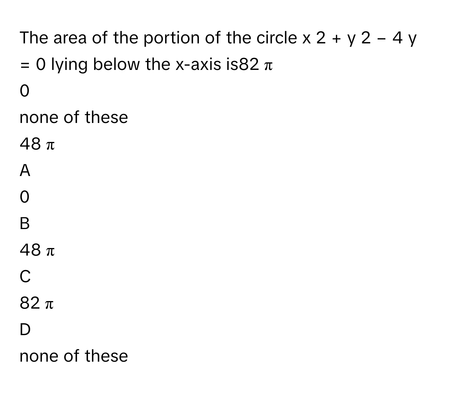 Solved: The area of the portion of the circle x 2 + y 2 − 4 y = 0 lying ...