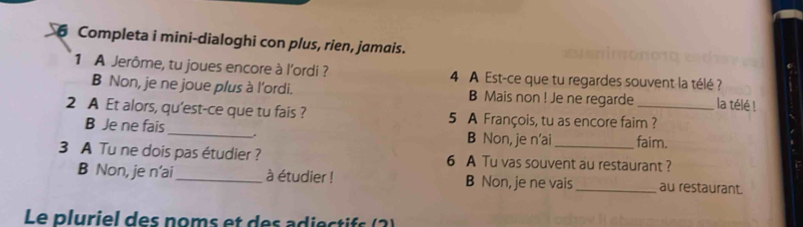 Completa i mini-dialoghi con plus, rien, jamais.
1 A Jerôme, tu joues encore à l'ordi ? 4 A Est-ce que tu regardes souvent la télé ?
B Non, je ne joue plus à l'ordi. B Mais non ! Je ne regarde la télé !
2 A Et alors, qu'est-ce que tu fais ? 5 A François, tu as encore faim ?
B Je ne fais _B Non, je n'ai faim.
3 A Tu ne dois pas étudier ? 6 A Tu vas souvent au restaurant ?
B Non, je n’ai_ à étudier ! B Non, je ne vais _au restaurant.
Le pluriel des noms et des adiectifs (2)