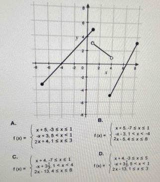 f(x)=beginarrayl x+5,-3≤ x≤ 1 -x+3,5
f(x)=beginarrayl x+5.7≤ x≤ 1 -x-3.1
f(x)=beginarrayl x+4,7≤ x≤ 1 -x+3 1/3 ,1 f(x)=beginarrayl x+4.3≤ x≤ 5 -x+3 1/3 .5