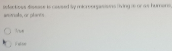 Infectious disease is caused by microorganisms living in or on humans,
animals, or plants
True
False