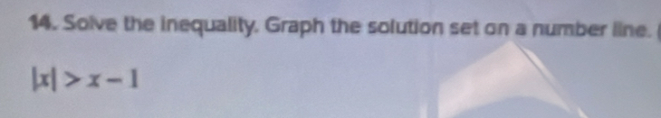 Solve the inequality, Graph the solution set on a number line.
|x|>x-1