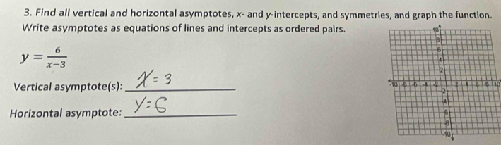 Find all vertical and horizontal asymptotes, x - and y-intercepts, and symmetries, and graph the function. 
Write asymptotes as equations of lines and intercepts as ordered pairs.
y= 6/x-3 
Vertical asymptote(s):_ 10 
Horizontal asymptote:_