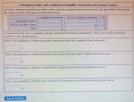 Contingency Tables and Conditional Probability: Homework and Passing a Course 
A teacher categorized students by whether they regularly completed their homework (or not) and whether they passed 
the course (or not). The data are in the table below. 
A student from the class is randomly selected. Determine the following probabilites. Enter your results as percents 
rounded to two decimal places. 
What is the probability a student passed the course given that they completed their homework?
%
What is the probability a student passed the course given that they didn't complete their homework? 
What is the probabrity a student completed their homework given that they passed the course?
%
What is the probability a student didn't complete their homework given that they didn't pass the course? 
Submit Question