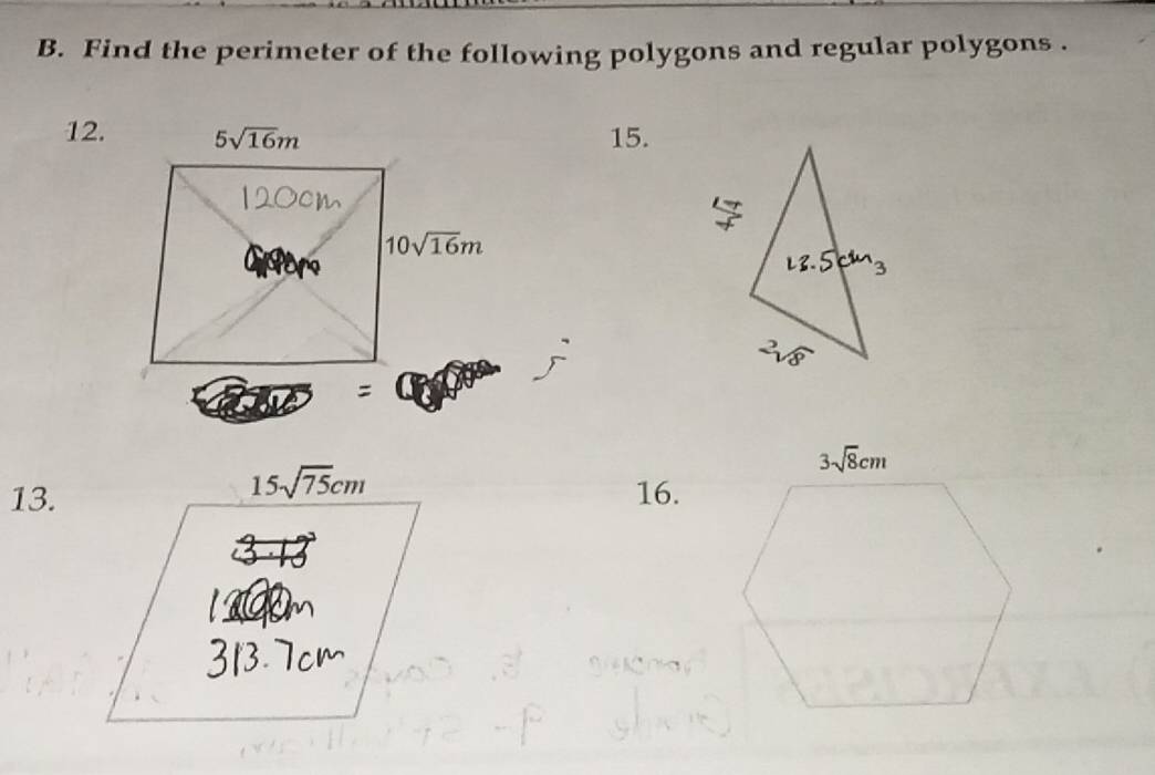 Find the perimeter of the following polygons and regular polygons .
12.15.
15sqrt(75)cm
13. 16.