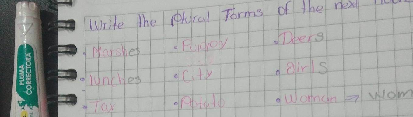 Write the plural forms of the next
Marshes Pludoy
Deers
lunches gc+y
airls
Woman
Tay opeplald Wom