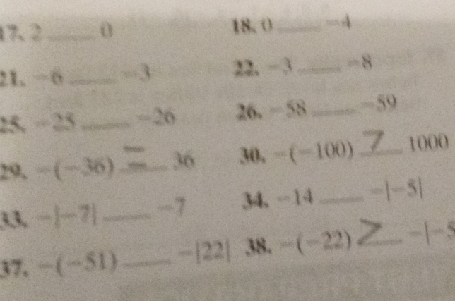 17. 2 _ 0 18.0 _ -4
21. −0 _ -3 22. - 3 _ -8
25. -23 _ -26 26. -58 _ -59
29, -(-36) _ 36 30. -(-100) _ 7 1000
33, -|-7| _ -7 34. -14 _ -|-5|
37. -(-51) _ -|22| 38. -(-22) _
-5